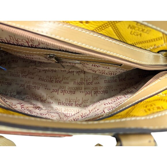 Nicole Lee USA Womens Fashion Satchel & Wallet Set Yellow/Brown Faux Leather Des - Picture 3 of 3